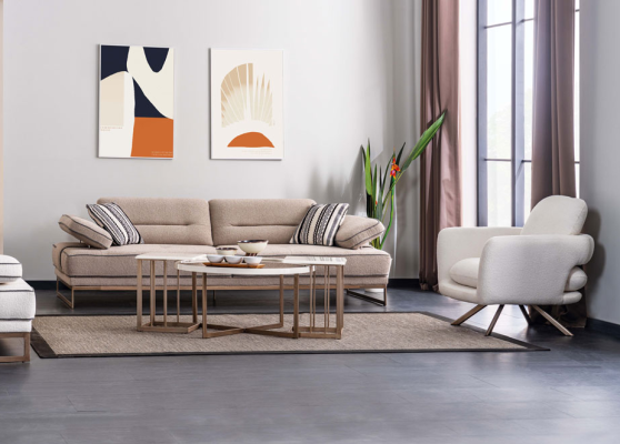 Stylish Beige Sofa Living room Three Seater Designer Upholstery Couches