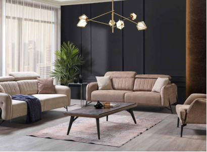 Beige living room sofa set designer 2x fabric armchairs 3-seater 3-piece.
