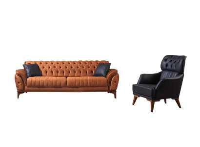 Orange-Black Chesterfield Suite Luxurious Three-Seater Armchair 2-piece