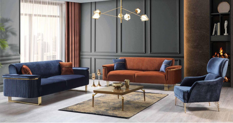 Orange Three Seater Luxurious Fabric Sofa Modern Living Room Seating Furniture