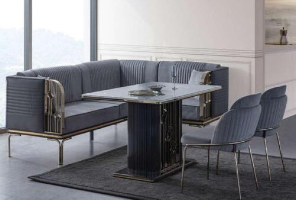 exclusive s Gray Dining room Set Luxury stainless steel Table 2x Textile Chairs