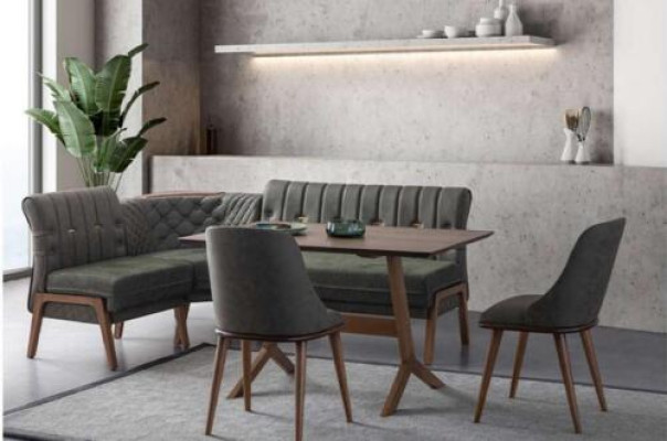 Gray Dining room Suite Wood Dining table 2x textile chairs corner bench 4-piece set