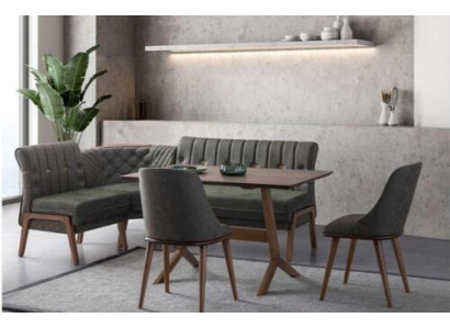 Gray Dining room Suite Wood Dining table 2x textile chairs corner bench 4-piece set