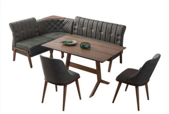 Gray Dining room Suite Wood Dining table 2x textile chairs corner bench 4-piece set