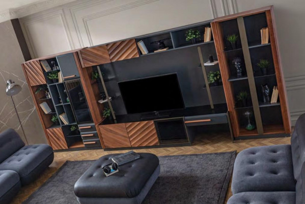 Modern Black and Brown Wall Unit Luxury TV Cabinet Display Case Wall Cabinet Furniture 4 Pieces