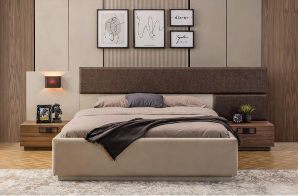 exclusive Bedroom Suite Designer Beige Bed Brown Bedside tables