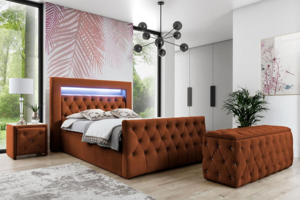 Chesterfield Bedroom Set Textile Bed 2x Wood Bedside tables Stool