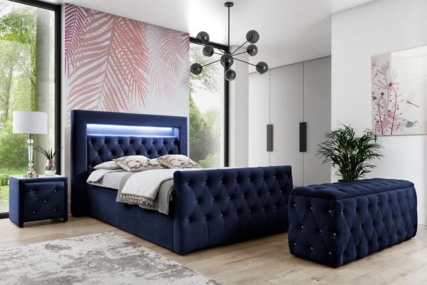 DarkBlue e Chesterfield Bedroom Furniture LED Double bed Night Consoles