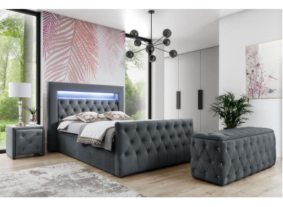 Chesterfield Gray Bedroom Set LED Upholstered bed Wood Bedside tables