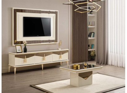 Wall unit TV stand wall panel coffee table TV cabinet lowboard gold 3-piece beige