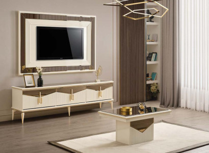 Wall unit TV stand wall panel coffee table TV cabinet lowboard gold 3-piece beige