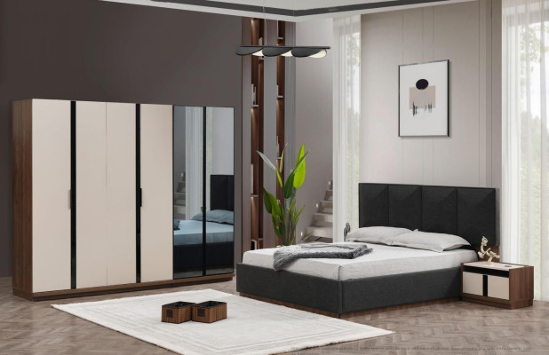 Suite Bedroom Double bed Bed Bedside tables Wardrobe Gray 4-piece