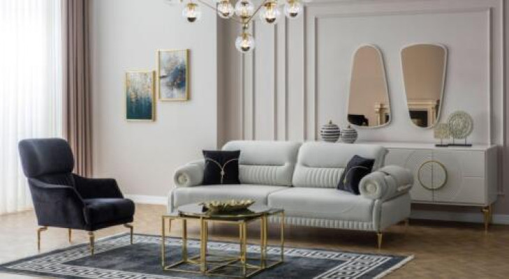 Group Sofas Three-Seater Armchair Couch Upholstered Sofa Fabric Sofa Blue 2-Piece