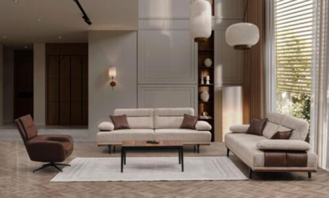 Complete e fabric sofa three-seater armchair couch beige 3-piece upholstered sofa set