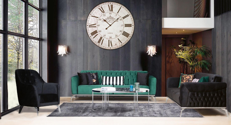 Modern living room set 2 soft Chesterfield sofas + modern black armchair
