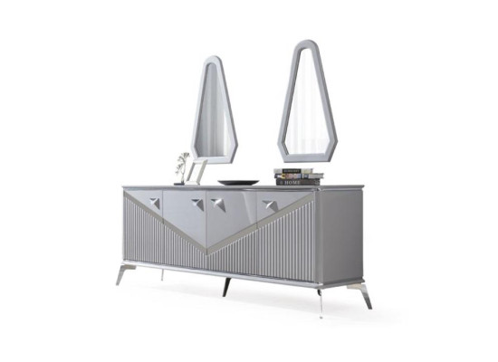 Gray Modern Dining Room Set 4x Chair Mirror Sideboard Shelf 9pcs