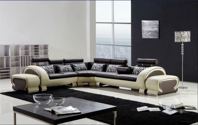 Corner sofa L-shape 2x Stool Sofa Couch Design Gray Upholstery Leather Modern