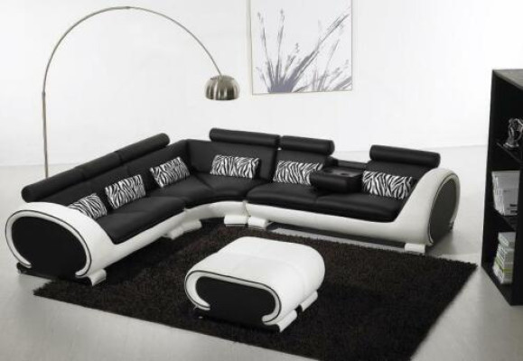 Corner sofa L-shape 2x Stool Sofa Couch Design Gray Upholstery Leather Modern