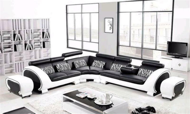 Corner sofa L-shape 2x Stool Sofa Couch Design Gray Upholstery Leather Modern