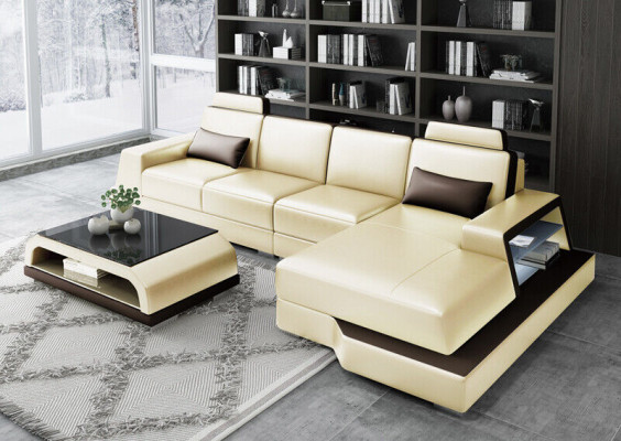 Corner sofa Sofa Living landscape L-shape Upholstery Couch Leather sofa Beige Sofas