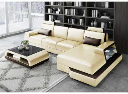 Corner sofa Sofa Living landscape L-shape Upholstery Couch Leather sofa Beige Sofas