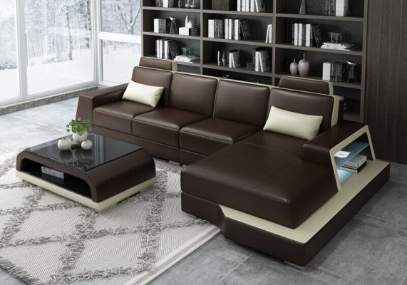 Corner sofa Sofa Living landscape L-shape Upholstery Couch Leather sofa Beige Sofas