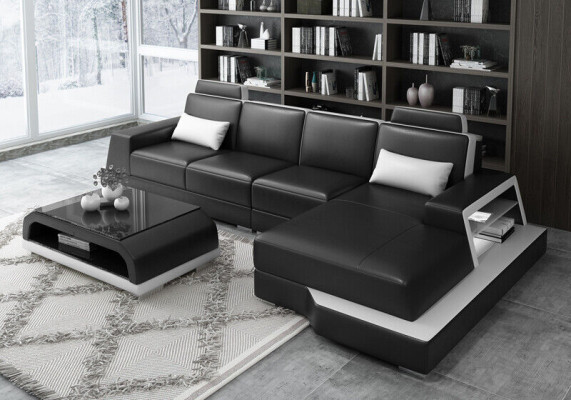 Corner sofa Sofa Living landscape L-shape Upholstery Couch Leather sofa Beige Sofas