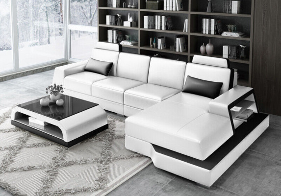 Corner sofa Sofa Living landscape L-shape Upholstery Couch Leather sofa Beige Sofas