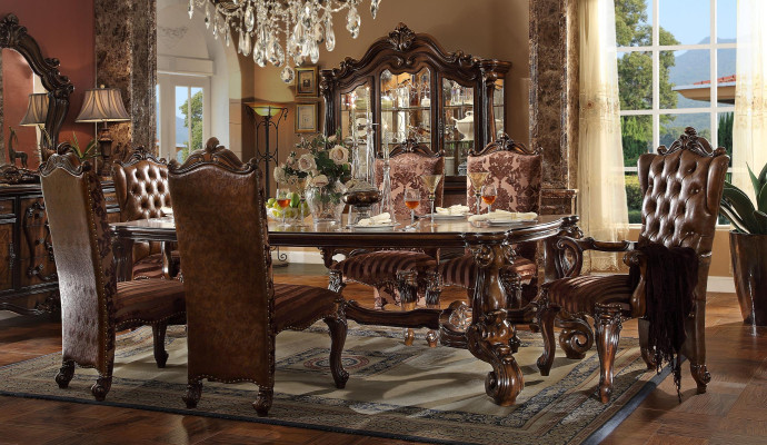 Brown Classic r Wood Dining table + Chesterfield x6 Chairs Dining set 7 pieces. set