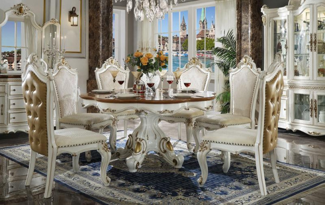Classic White -Brown Dining room Suite Round Wood Dining table with Chesterfield chairs 5pcs. set