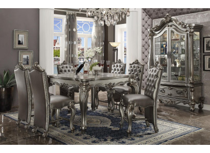 Gray Classic r Rectangular Dining table with 8x Chesterfield Wood leather chairs