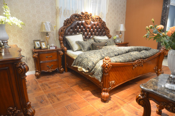 Bedroom Set Bed + 2x Bedside table Chesterfield Wood Leather Beds Upholstery