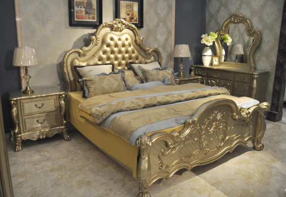 Bed Upholstered bed Luxury Double Bedroom Baroque Wood Leather Beds
