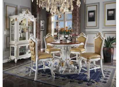 Classic white dining room set. Stylish dining table with chairs and display case
