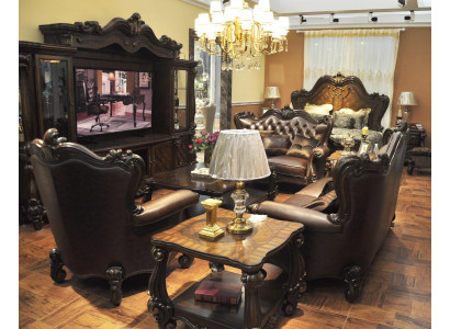 Sofa set 321 Seater Sofa Couch Leather Suite Upholstery Set Wood Baroque