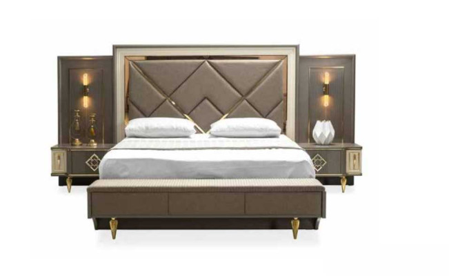 Luxury 3-piece Bedroom set Bed and 2x Bedside tables Design Textile 3-piece sets