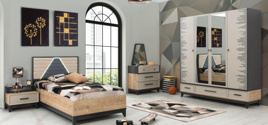 Suite Childrens room Bed Wardrobe Brown Wood Set Youth Bed 5-piece Furniture