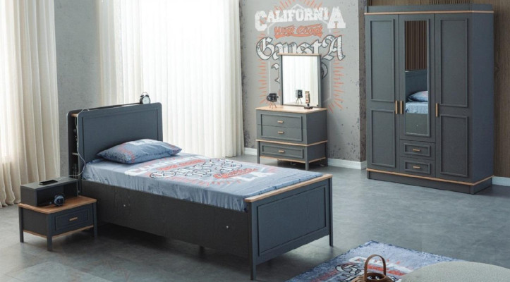 Childrens bed Childrens room Children's furniture Suite Bed Gray Wood Set 5pcs