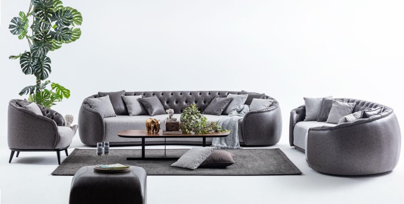 Luxury Villas Furniture Gray Chesterfield Sofa Set Fabric Couches Textile 4+3+1