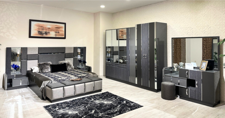 Luxury Gray Complete's Bedroom Double bed 2x Bedside tables Wardrobe