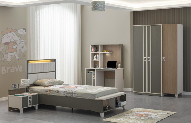 Suite Childrens room Bed Childrens bed Children's furniture Gray Wood Set 4pcs