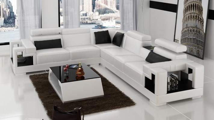 Corner sofa Leather + Coffee table Corner Sofa Couch Upholstery Suite Living landscape Corner