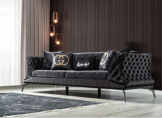 Sofa 3 Seat Upholstery Furniture Three Seater Couches Black Wood with Metal