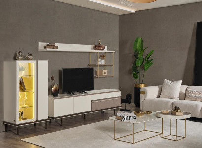 White Living room Set Designer TV Lowboard Luxury LED Display case Wood Shelf