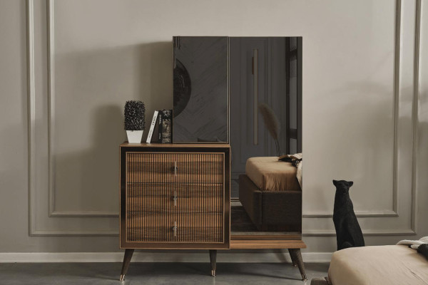 Brown Bedroom Furniture Chest of drawers with Mirror Luxury Wood Set 3 doors