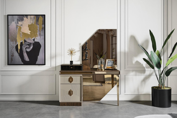 White -Brown Dressing table Designer Mirror Bedroom Furniture 2-piece set