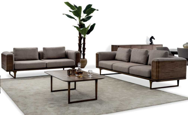 Design Living room Set 2x Sofas with Coffee table Luxury Wood with Textile