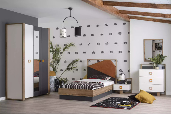 Suite Bed Bedroom Childrens room Set Furniture Gray 5pcs Wood new