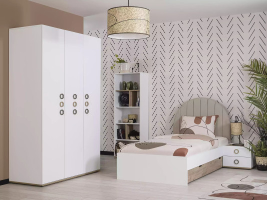 Youth Bed Suite Childrens room Bedside table Bed Wood White Set 4pcs