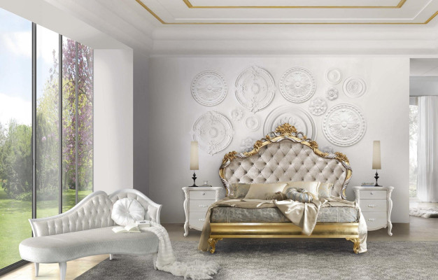 Bedroom luxury set 4 pieces. Bed + 2x bedside table + chaise longue design lounger